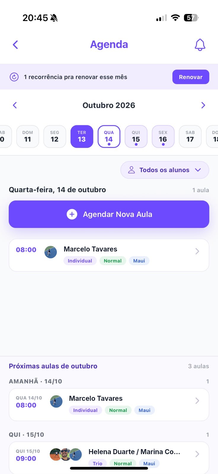 Agenda de aulas do professor por dia
