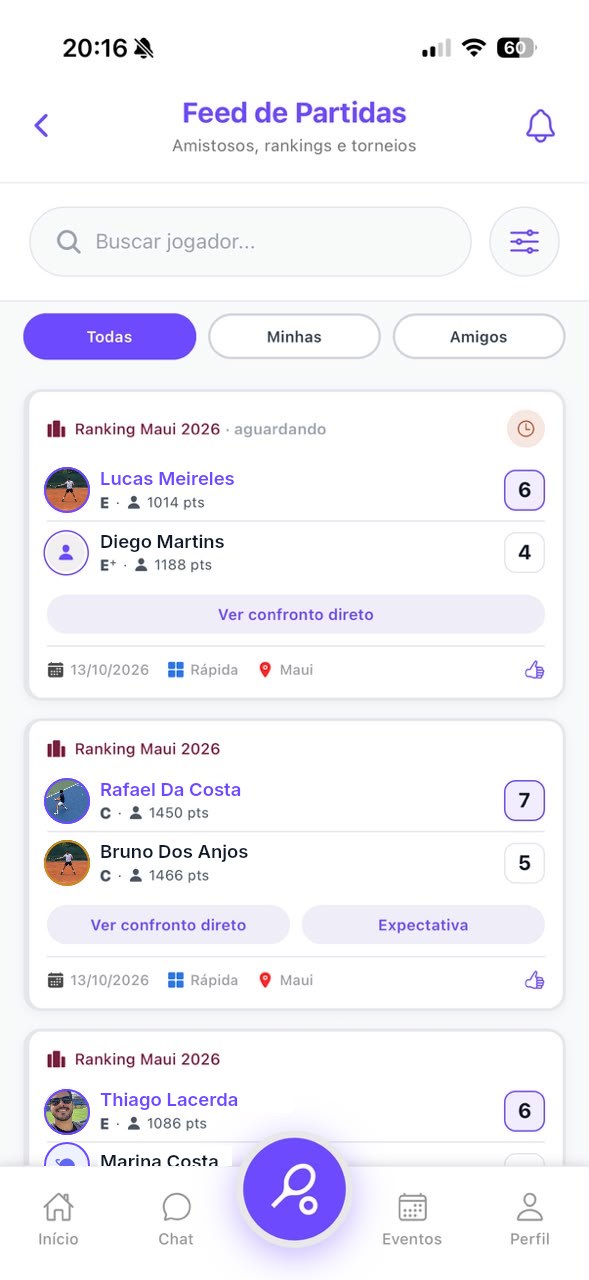 Feed de partidas do +Tennis com resultados de ranking