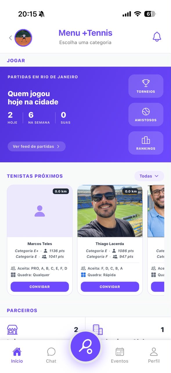 Menu do +Tennis com tenistas próximos para convidar