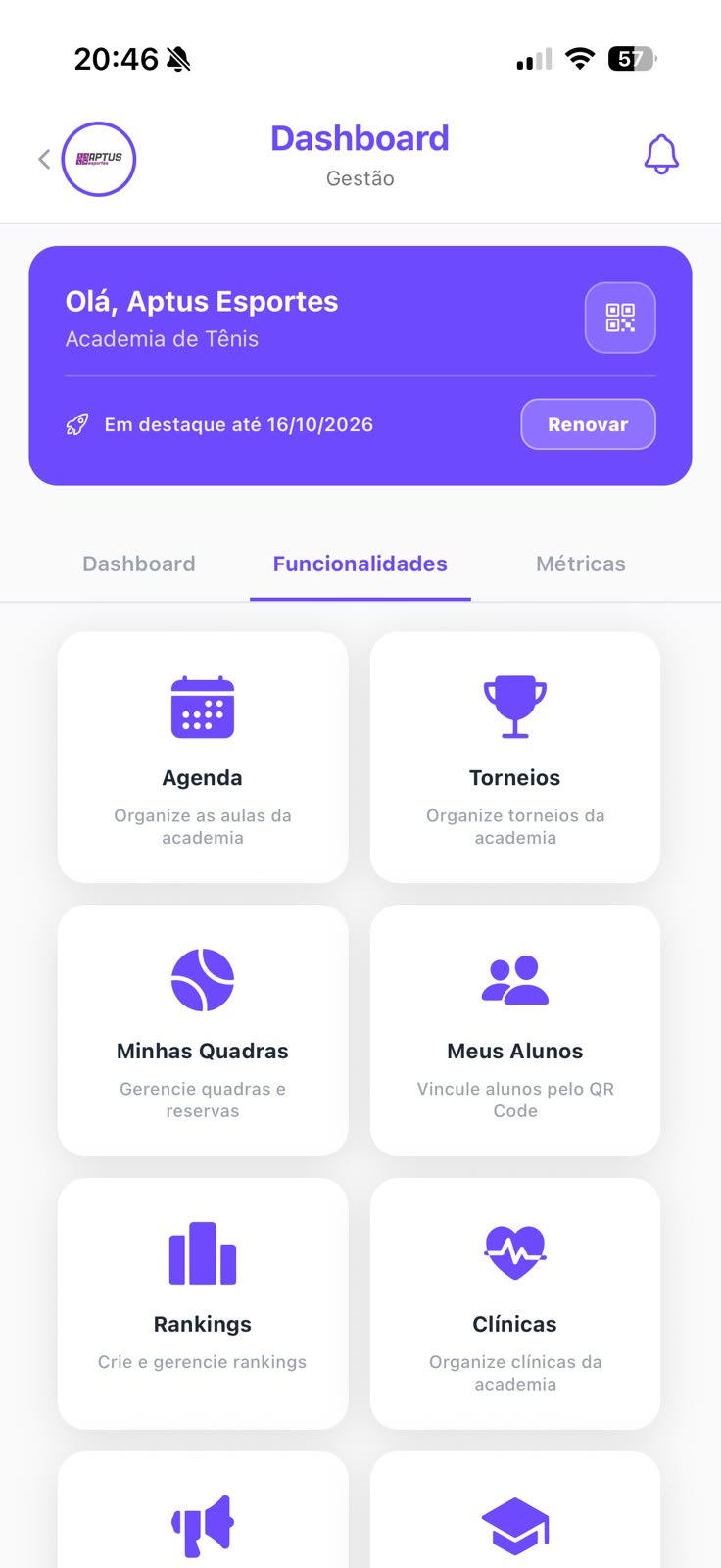 Painel da academia com agenda, torneios, quadras, alunos e rankings