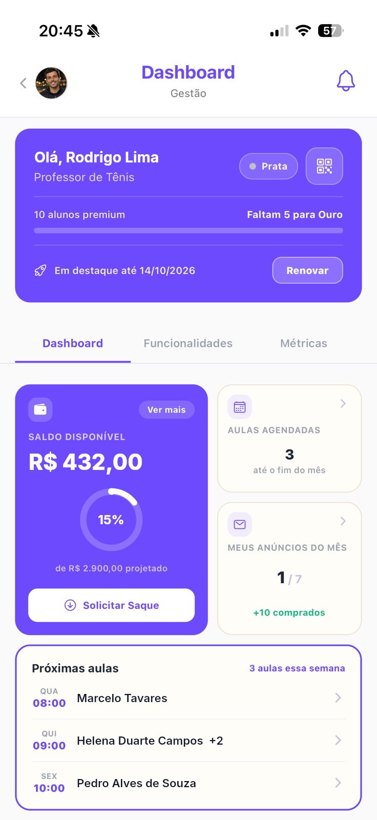 Painel do professor com saldo, aulas agendadas e próximas aulas